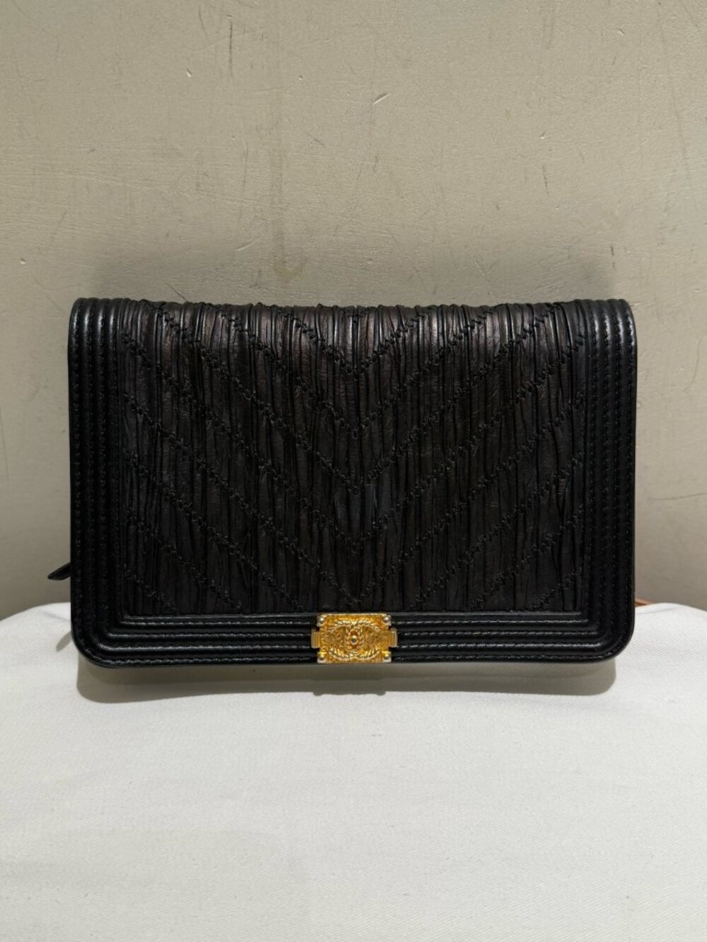 Chanel Le Boy WOC Black Chevron Gathered Sheepskin Chain Wallet On Chain